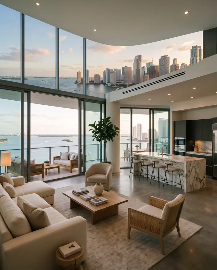 Living room of a sample condo in Brickell, Miami