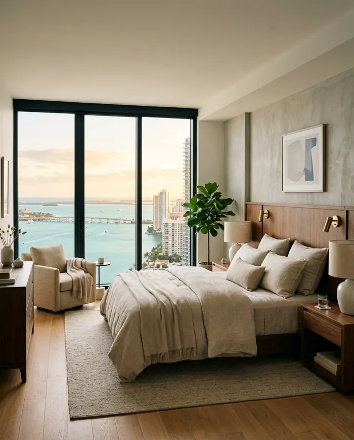 Primary bedroom of a sample condo in Brickell, Miami